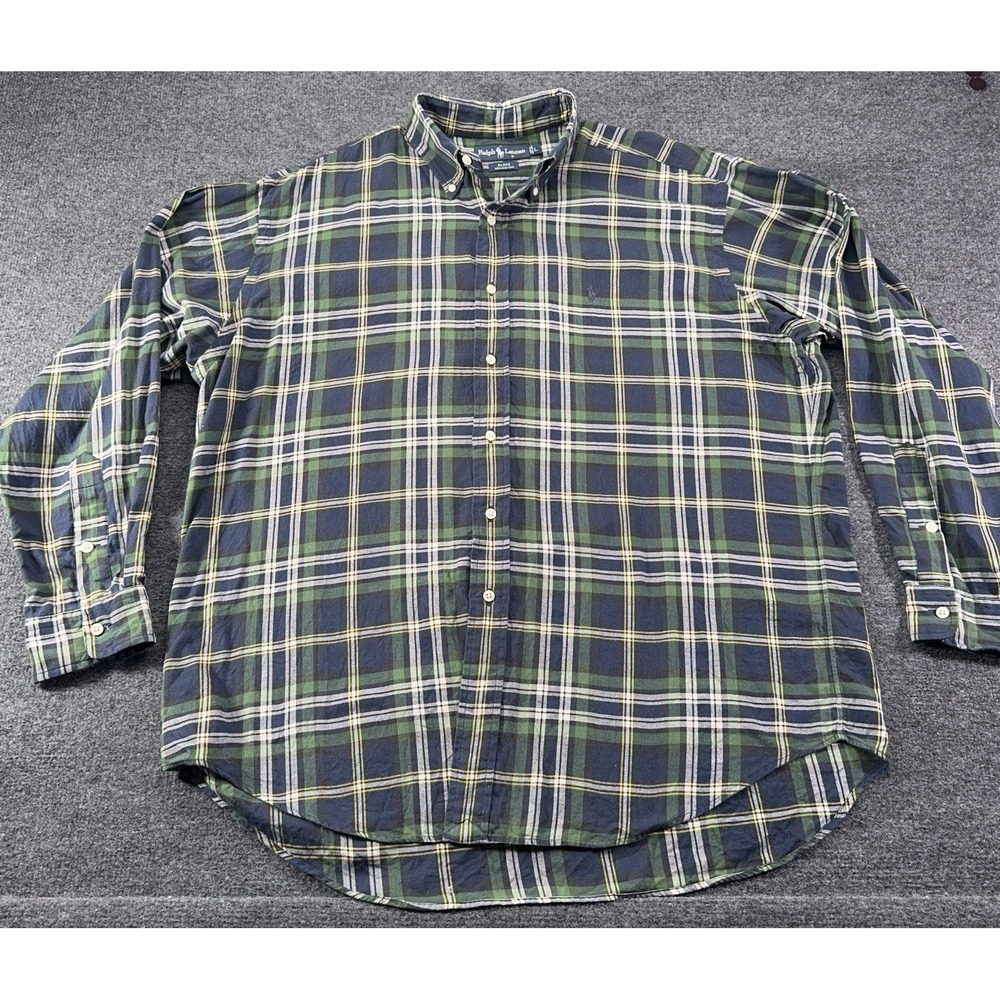 Polo Ralph Lauren L Mens Blue Green Plaid Flannel Shirt Blake Fit EUC